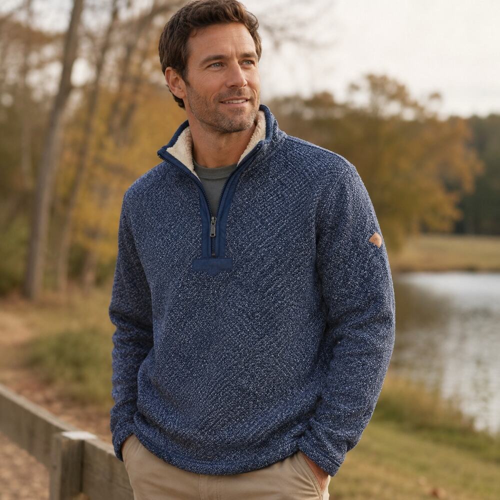 Orvis Classic Collection Mens XL Sherpa Lined 1/4 Zip Sweater Pullover Blue